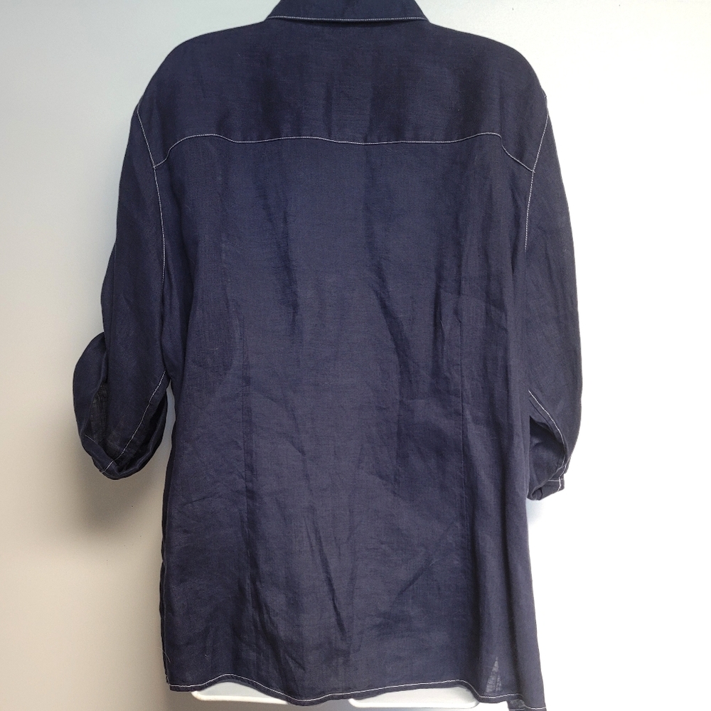 Foxcroft 100% Linen Button Down Shirt Navy Blue Size 18W Shaped Fit - Picture 5 of 6